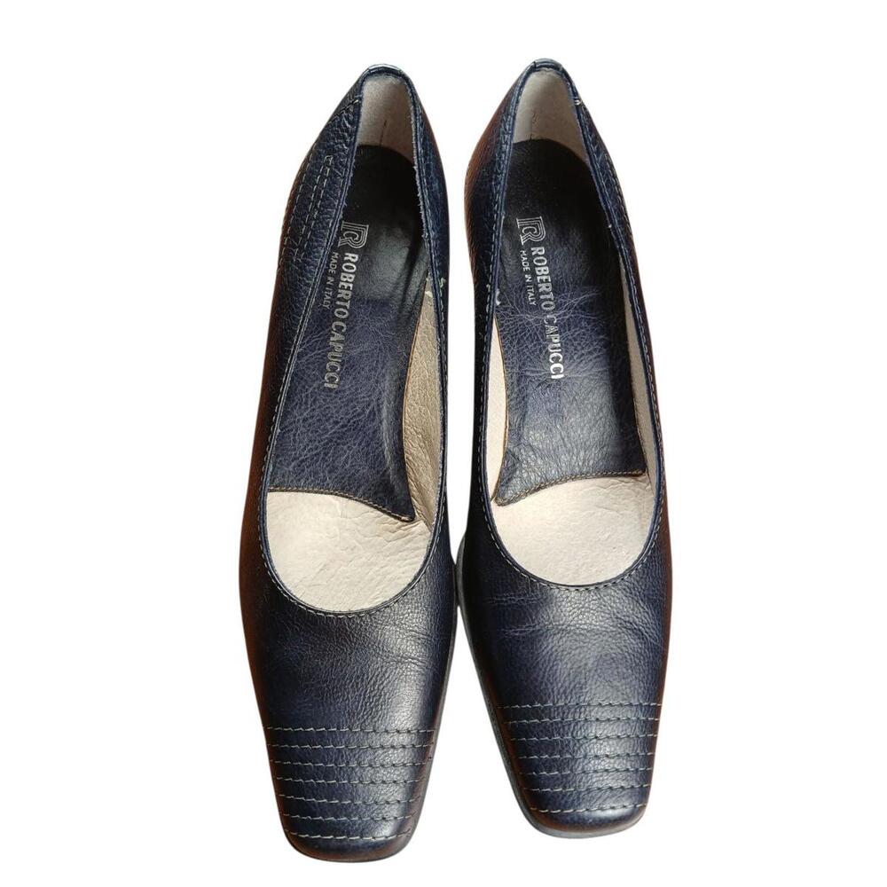 Roberto Capucci Navy Blue Leather Pumps 6.5B Italy square toe - Picture 3 of 7